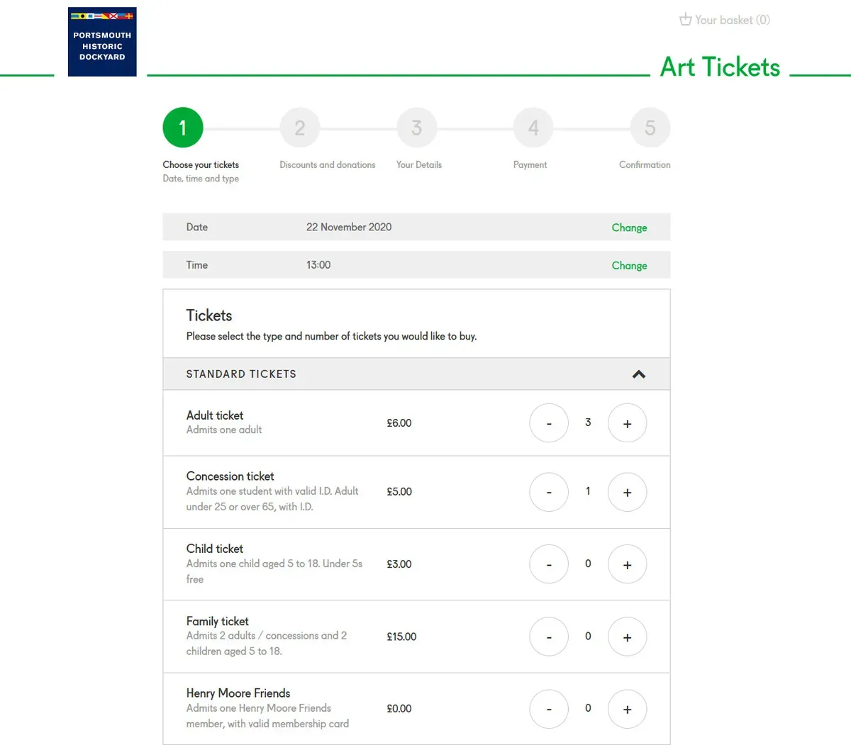 Screenshot of Art Tickets website booking form