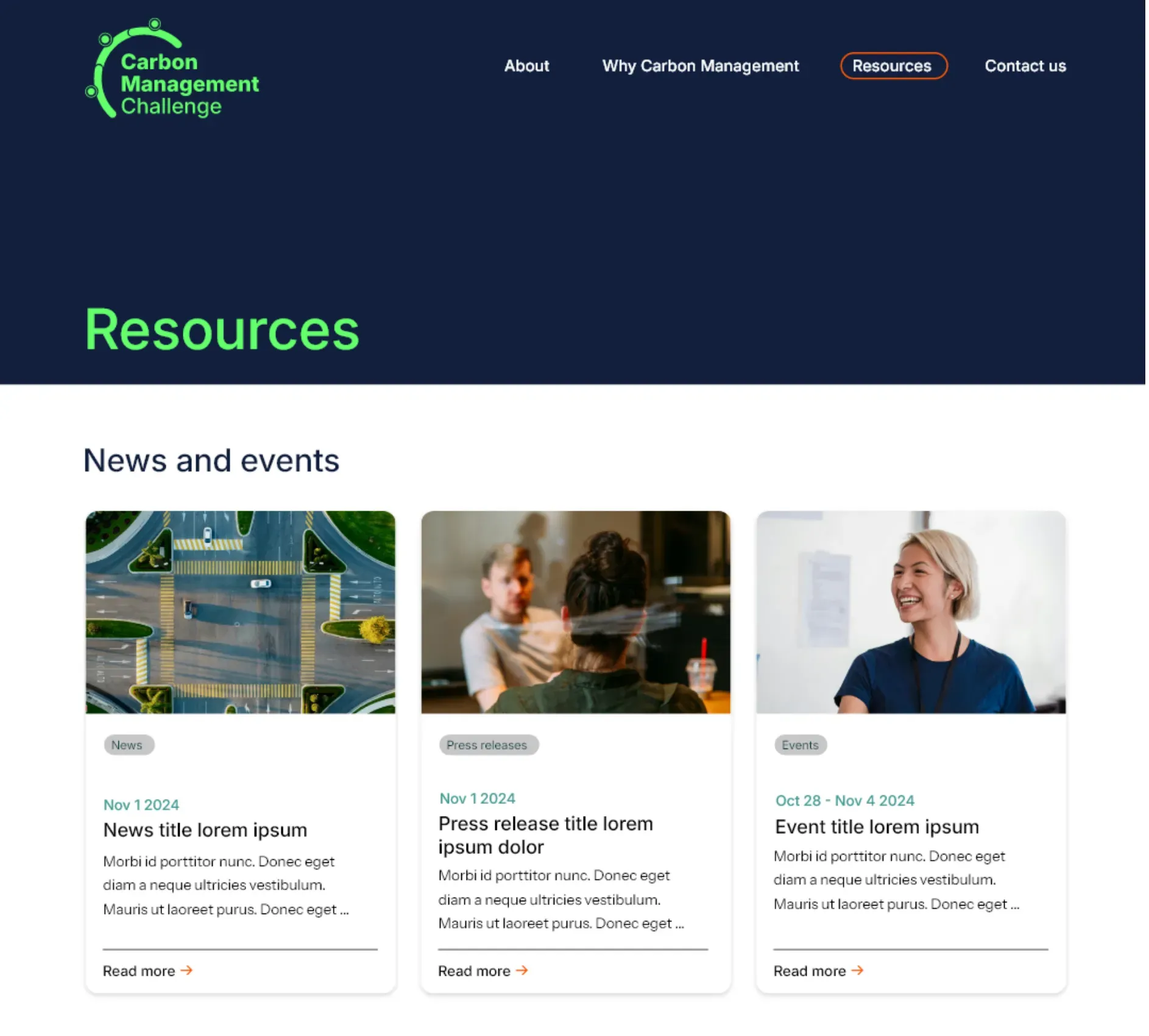Screenshot of Carbon Management Challenge (CMC) website Resources page