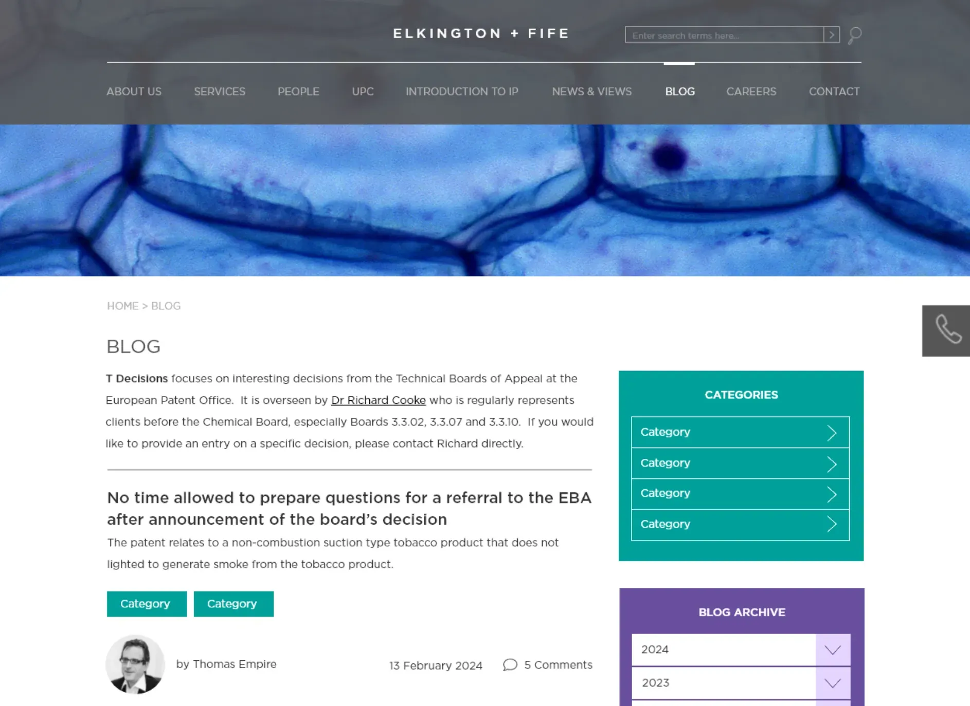 Screenshot of Elkington and Fife website blog page