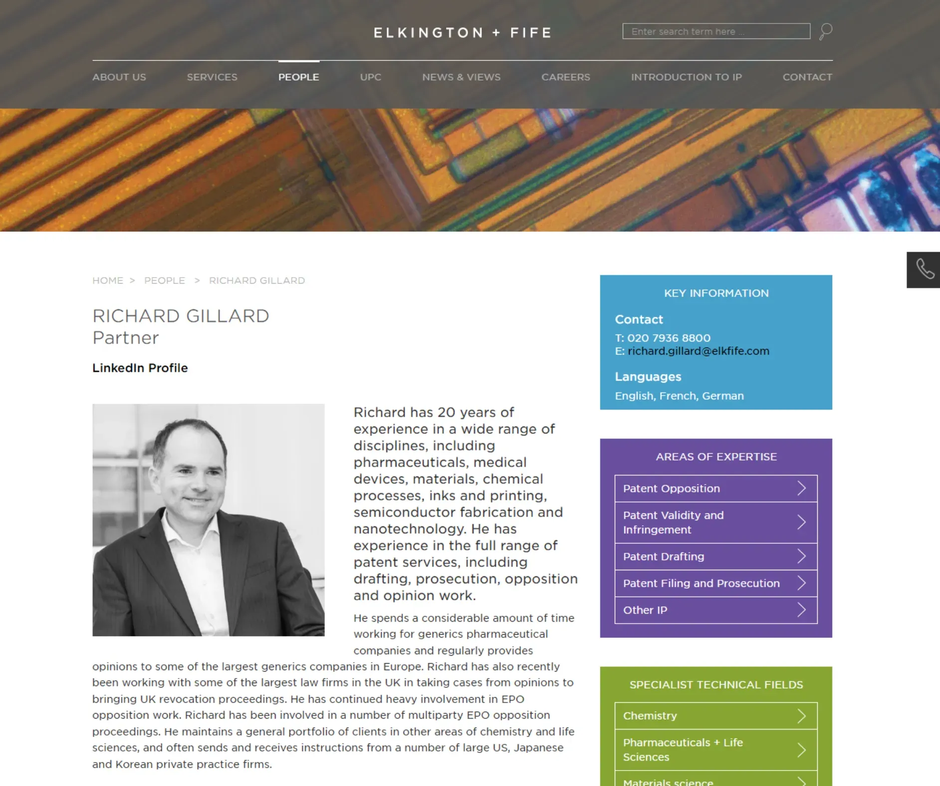 Screenshot of Elkington and Fife website profile page for Richard Gillard