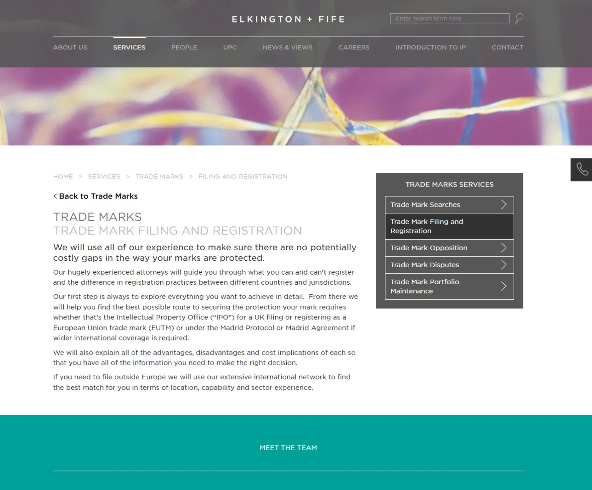 Screenshot of Elkington and Fife website trade marks page