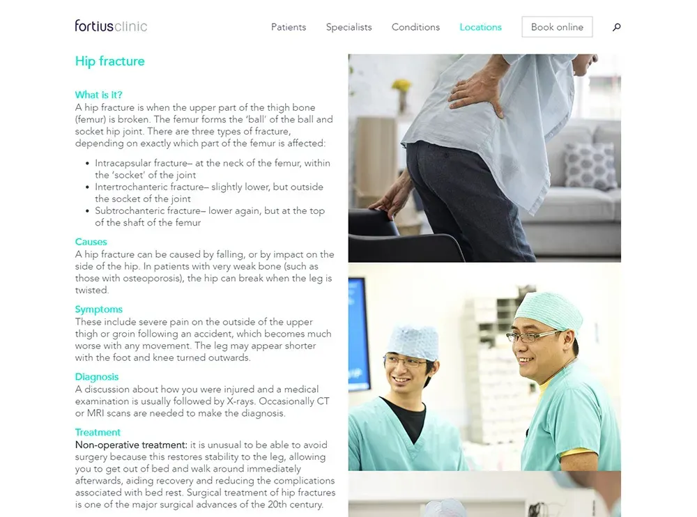Screenshot of Fortius Website Hip Fracture page