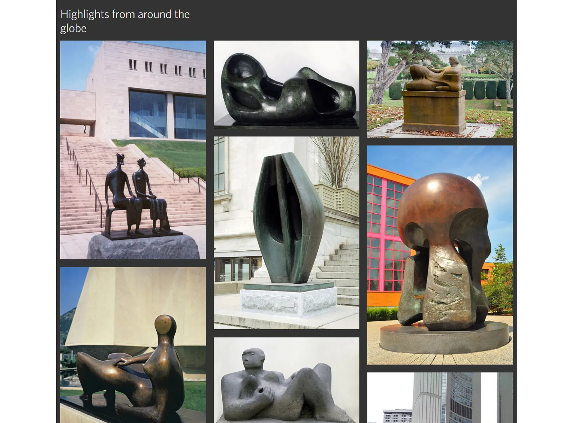 Multiple images of Henry Moore sculptures from locations around the world