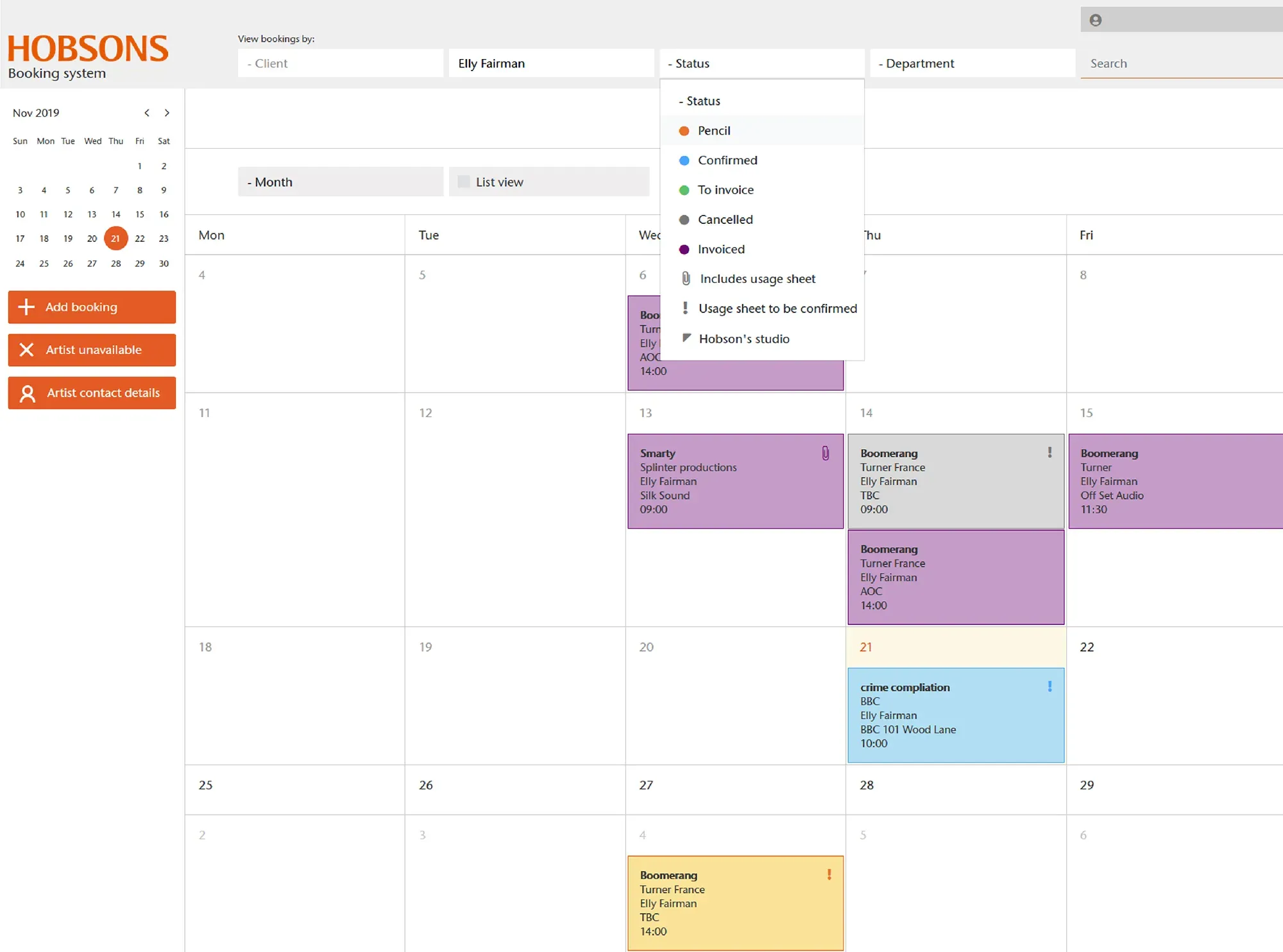 Screenshot of Hobsons booking platform calendar interface