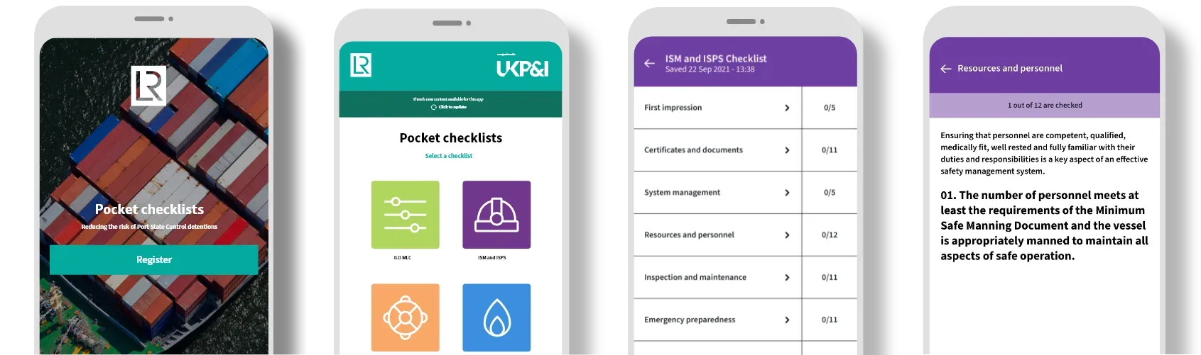 Screenshot of mobile phone screens showcasing pages from the Lloyds Register Checklist application
