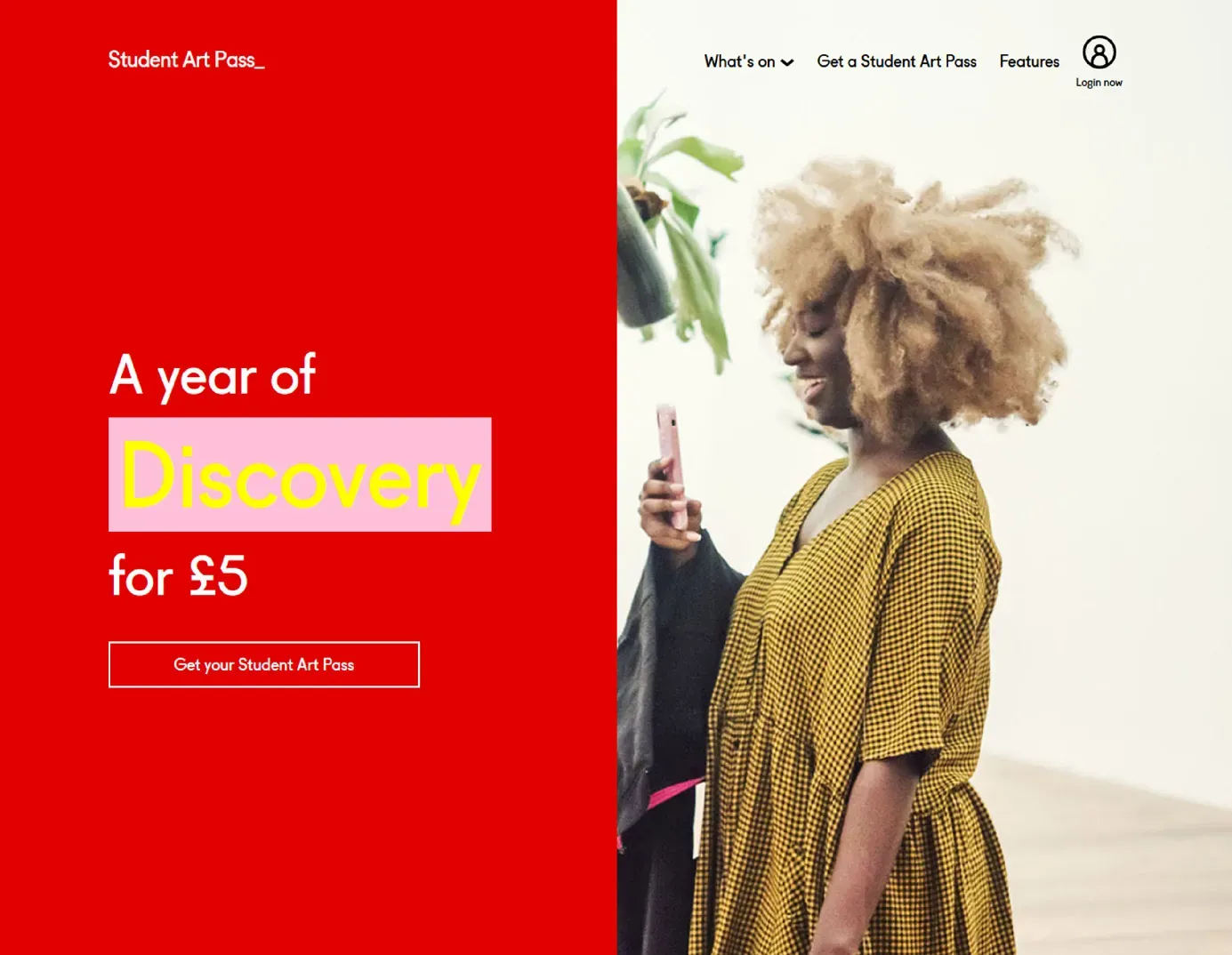 Screenshot of Student Art Pass homepage showcasing a woman holding a mobile phone wearing a yellow dress