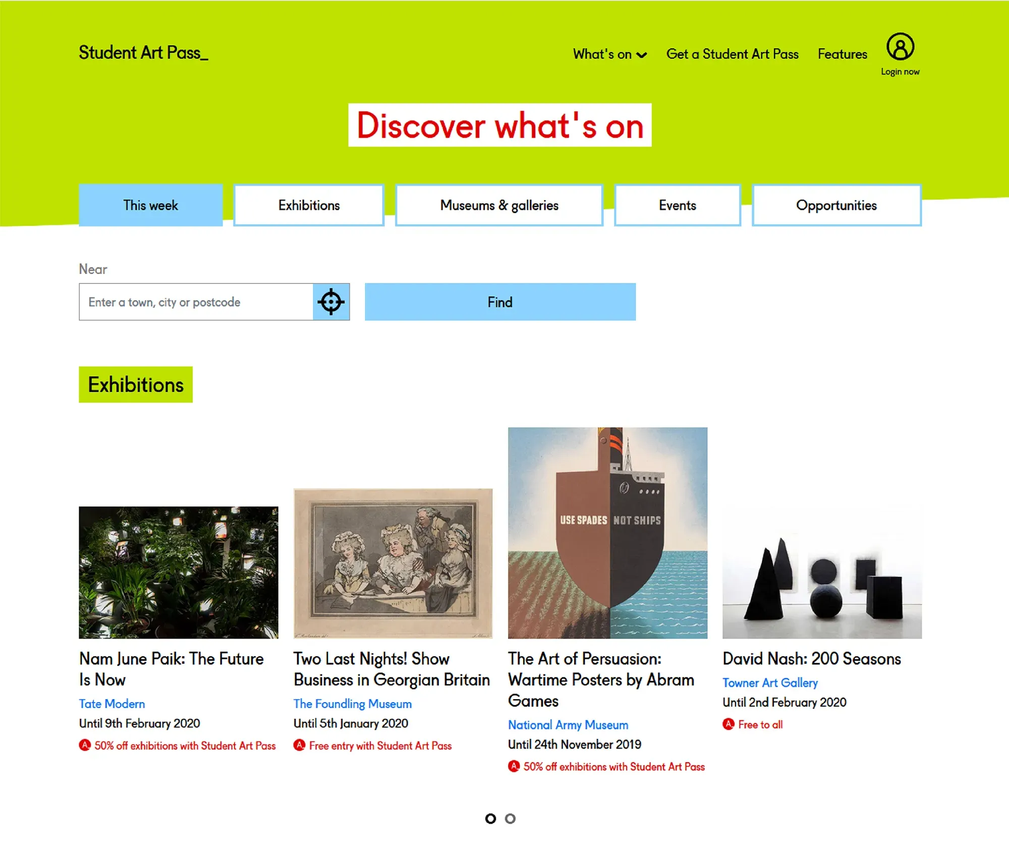 Screenshot of Student Art Pass website What's On page showcasing events and exhibitions