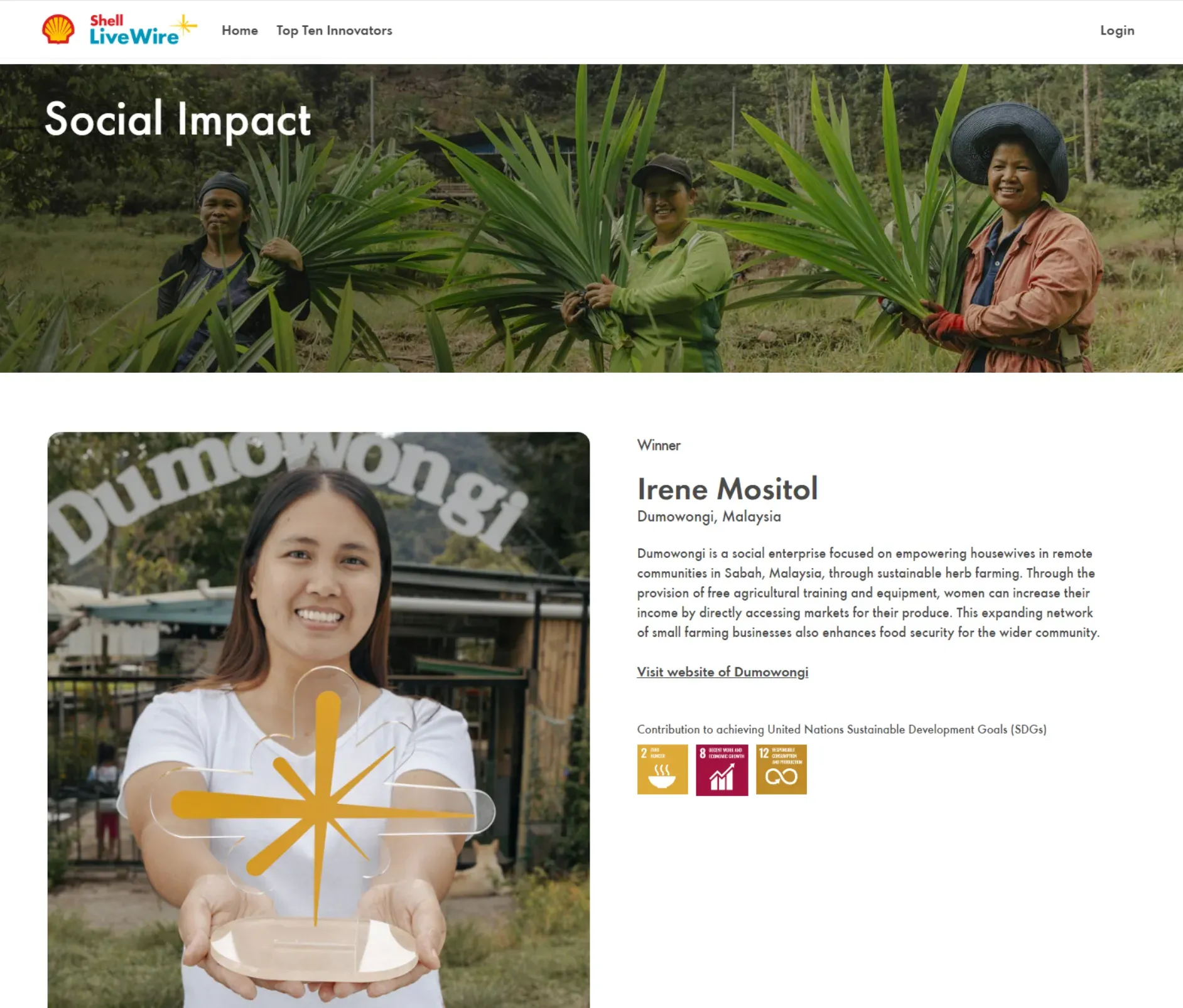 Screenshot of Shell Livewire website social impact page showcasing Irene Mositol and her social enterprise
