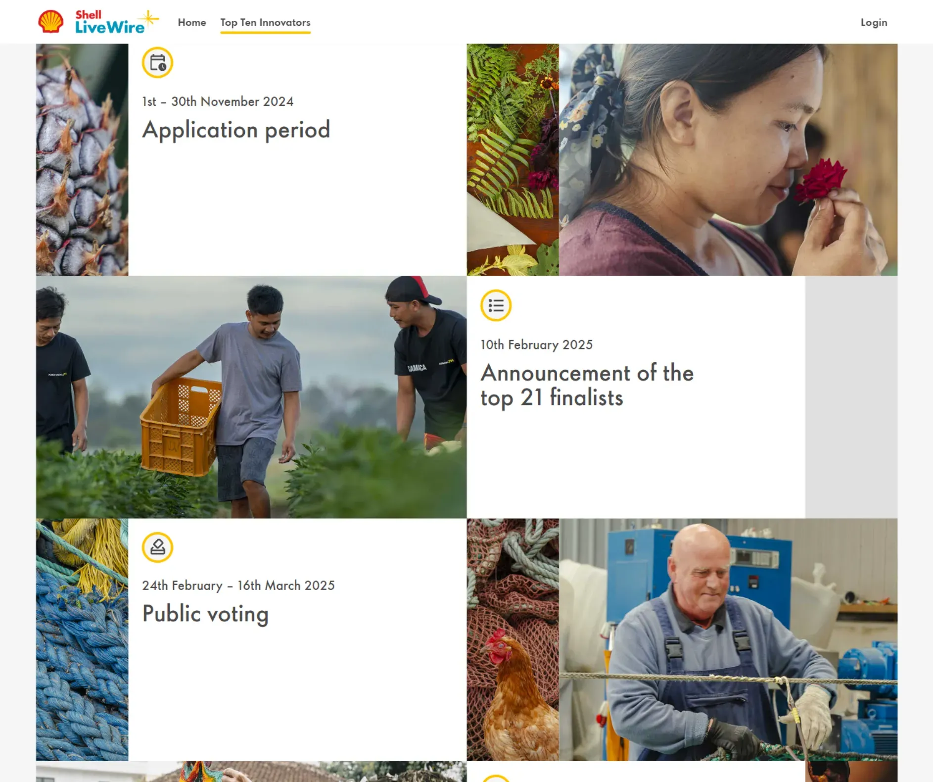 Screenshot of Shell Livewire website timeline page showcasing various entrepreneurs and their innovations
