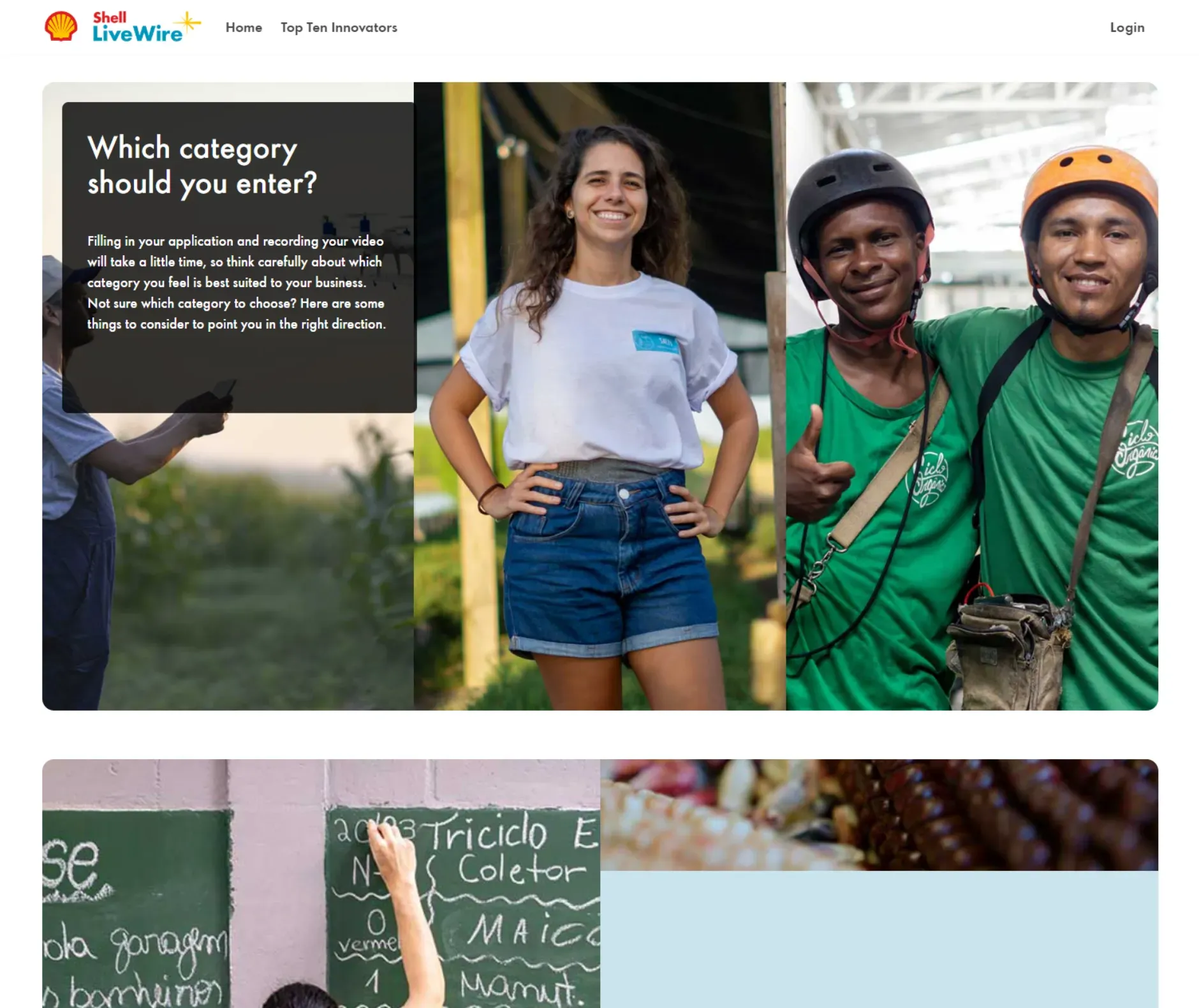Screenshot of Shell Livewire website competition entry page highlighting a girl in a white t-short and jean shorts, and two people in green t-shirts and cycling helmets