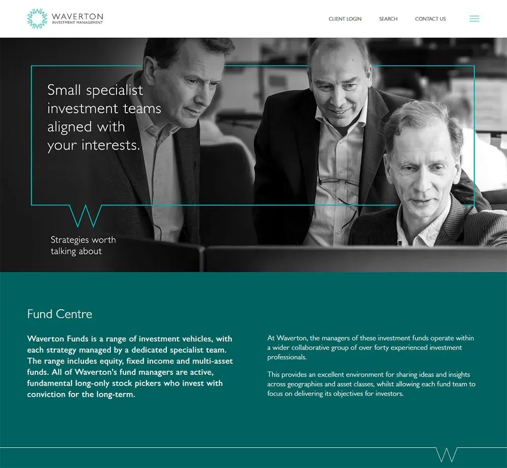 Screenshot of Waverton website homepage with Waverton logo and three men looking at computer screens